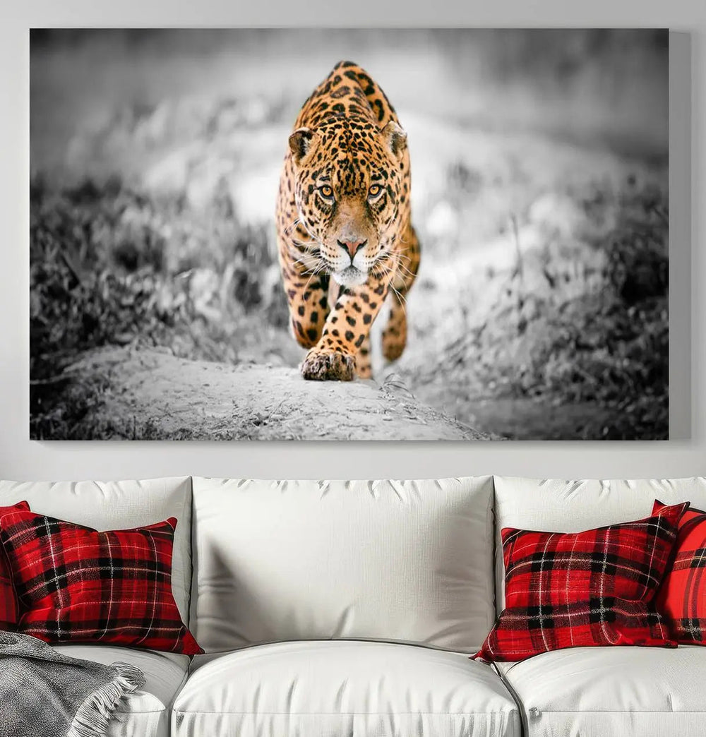 A striking three-panel "Jaguar Stalking Wall Art Canvas Print - Majestic Big Cat in Focused Pursuit" features a leopard walking forward, set against a black and white background.