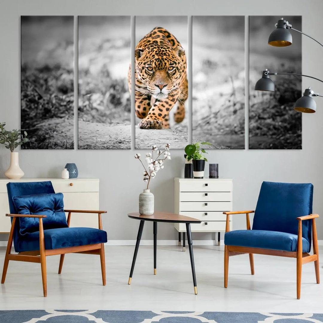 A striking three-panel "Jaguar Stalking Wall Art Canvas Print - Majestic Big Cat in Focused Pursuit" features a leopard walking forward, set against a black and white background.