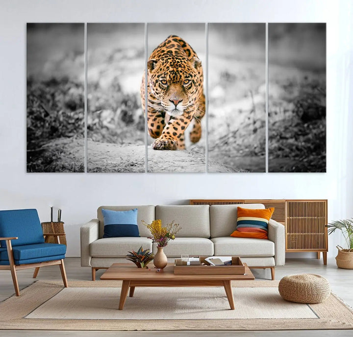 A striking three-panel "Jaguar Stalking Wall Art Canvas Print - Majestic Big Cat in Focused Pursuit" features a leopard walking forward, set against a black and white background.