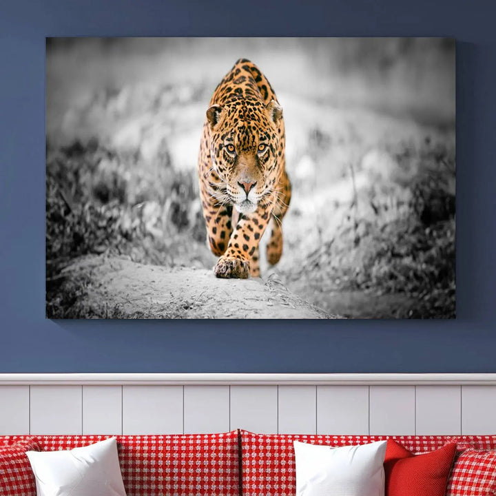 A striking three-panel "Jaguar Stalking Wall Art Canvas Print - Majestic Big Cat in Focused Pursuit" features a leopard walking forward, set against a black and white background.