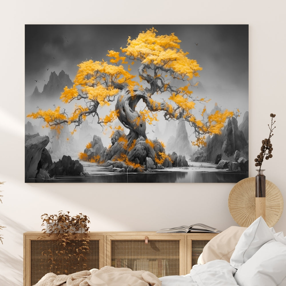 A Japanese Abstract Tree Wall Art Canvas Print showcases a vibrant yellow tree set against a misty, monochrome landscape. Each piece is gallery wrapped for lasting elegance.