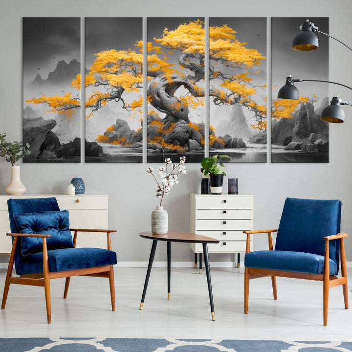 A Japanese Abstract Tree Wall Art Canvas Print showcases a vibrant yellow tree set against a misty, monochrome landscape. Each piece is gallery wrapped for lasting elegance.