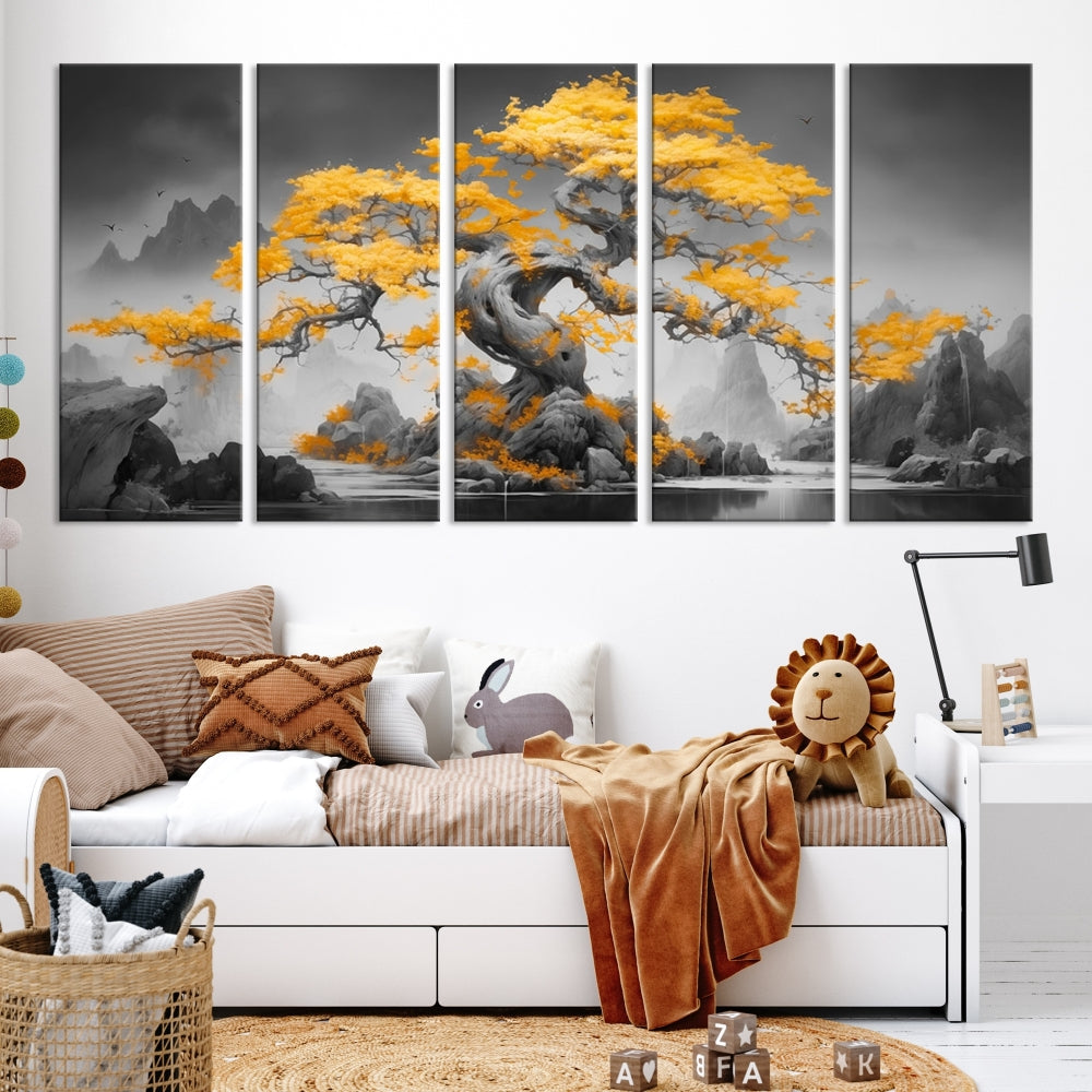 A Japanese Abstract Tree Wall Art Canvas Print showcases a vibrant yellow tree set against a misty, monochrome landscape. Each piece is gallery wrapped for lasting elegance.