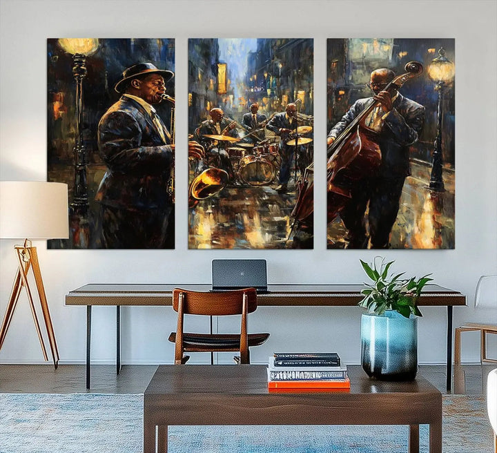 Jazz Canvas Wall Art above a wooden console table.