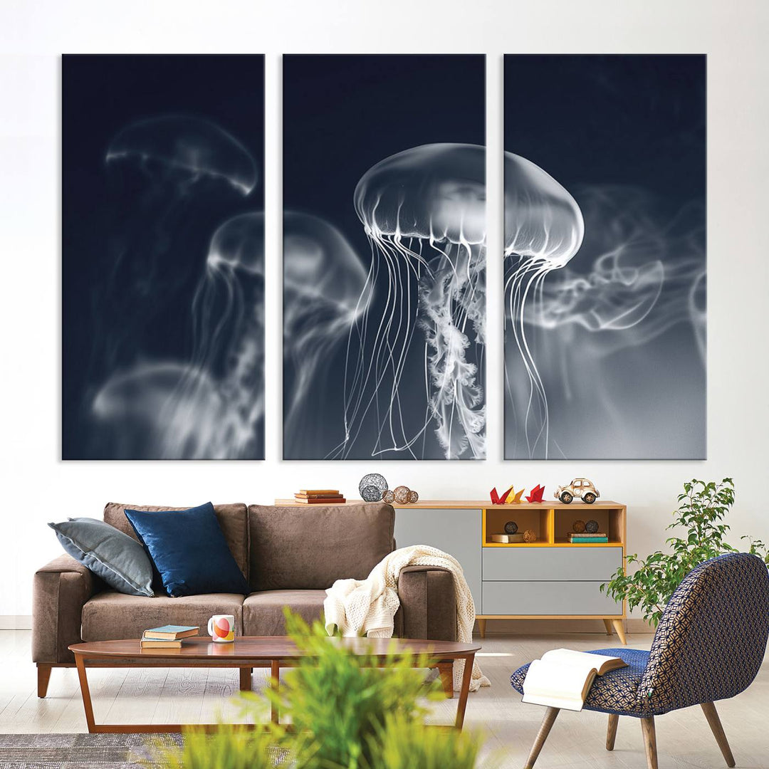 A stunning Jellyfish Wall Art Canvas Print showcases museum-quality canvas through high-resolution printing.