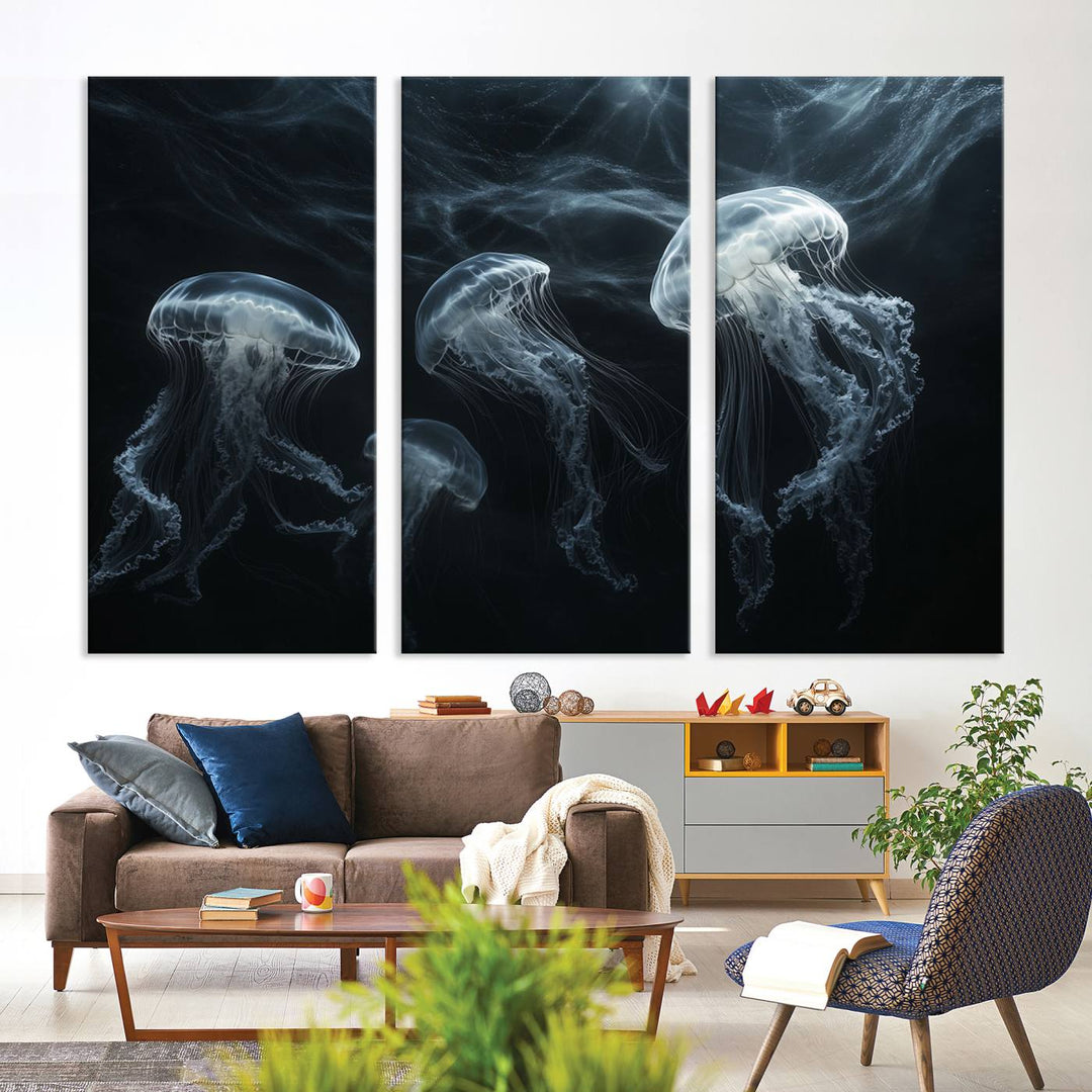 The Jellyfish Wall Art Canvas Print features glowing jellyfish in vibrant colors on museum-quality canvas.