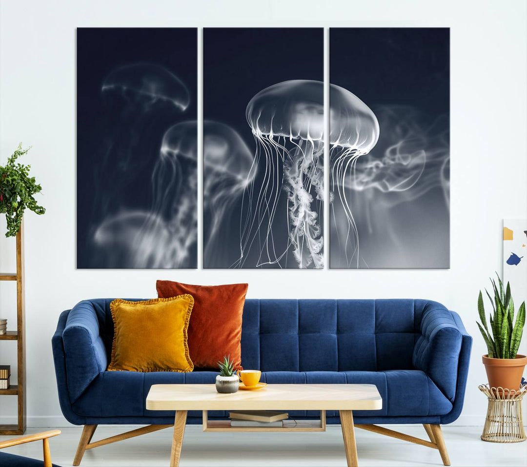 A stunning Jellyfish Wall Art Canvas Print showcases museum-quality canvas through high-resolution printing.