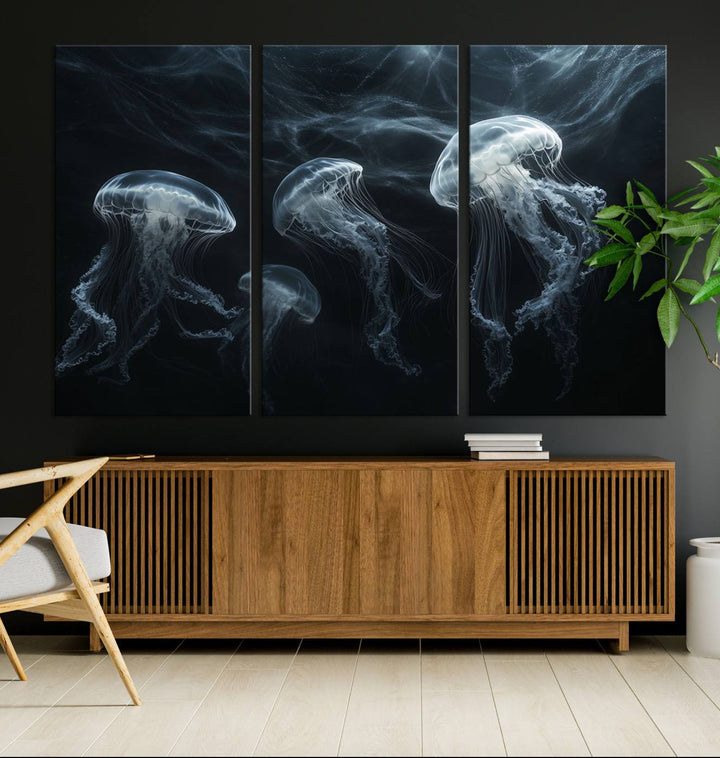 The Jellyfish Wall Art Canvas Print features glowing jellyfish in vibrant colors on museum-quality canvas.