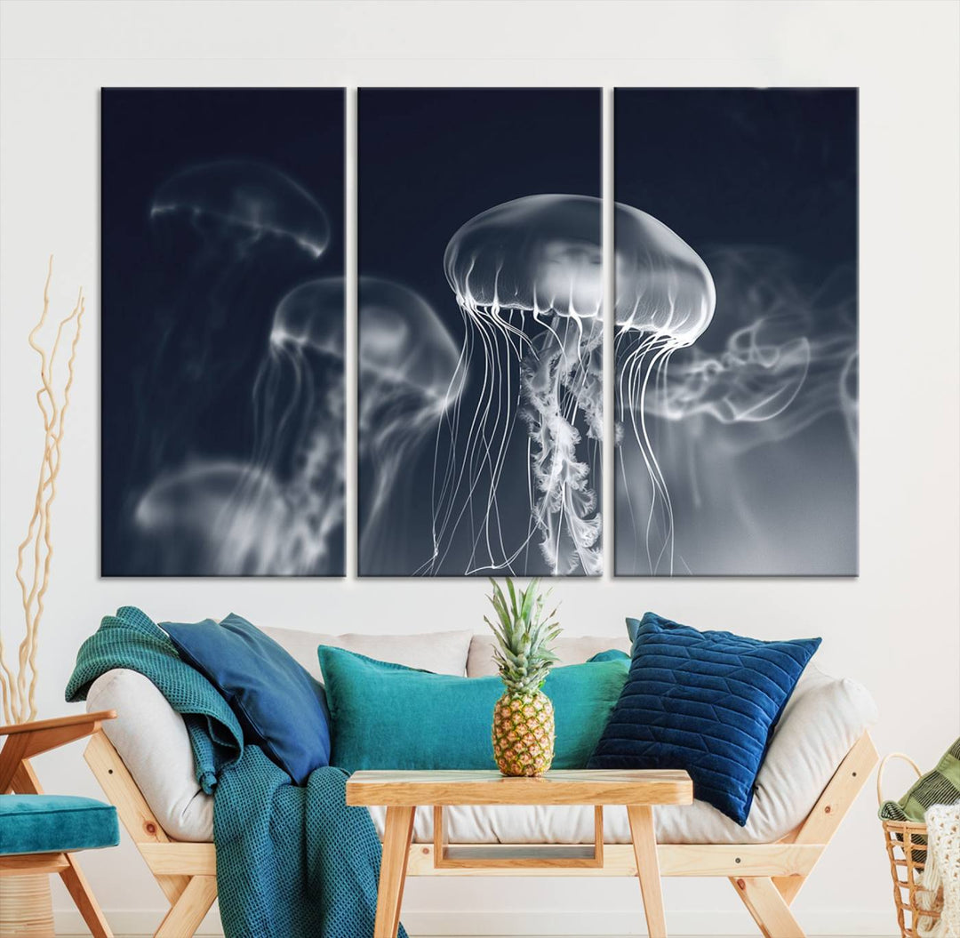 A stunning Jellyfish Wall Art Canvas Print showcases museum-quality canvas through high-resolution printing.