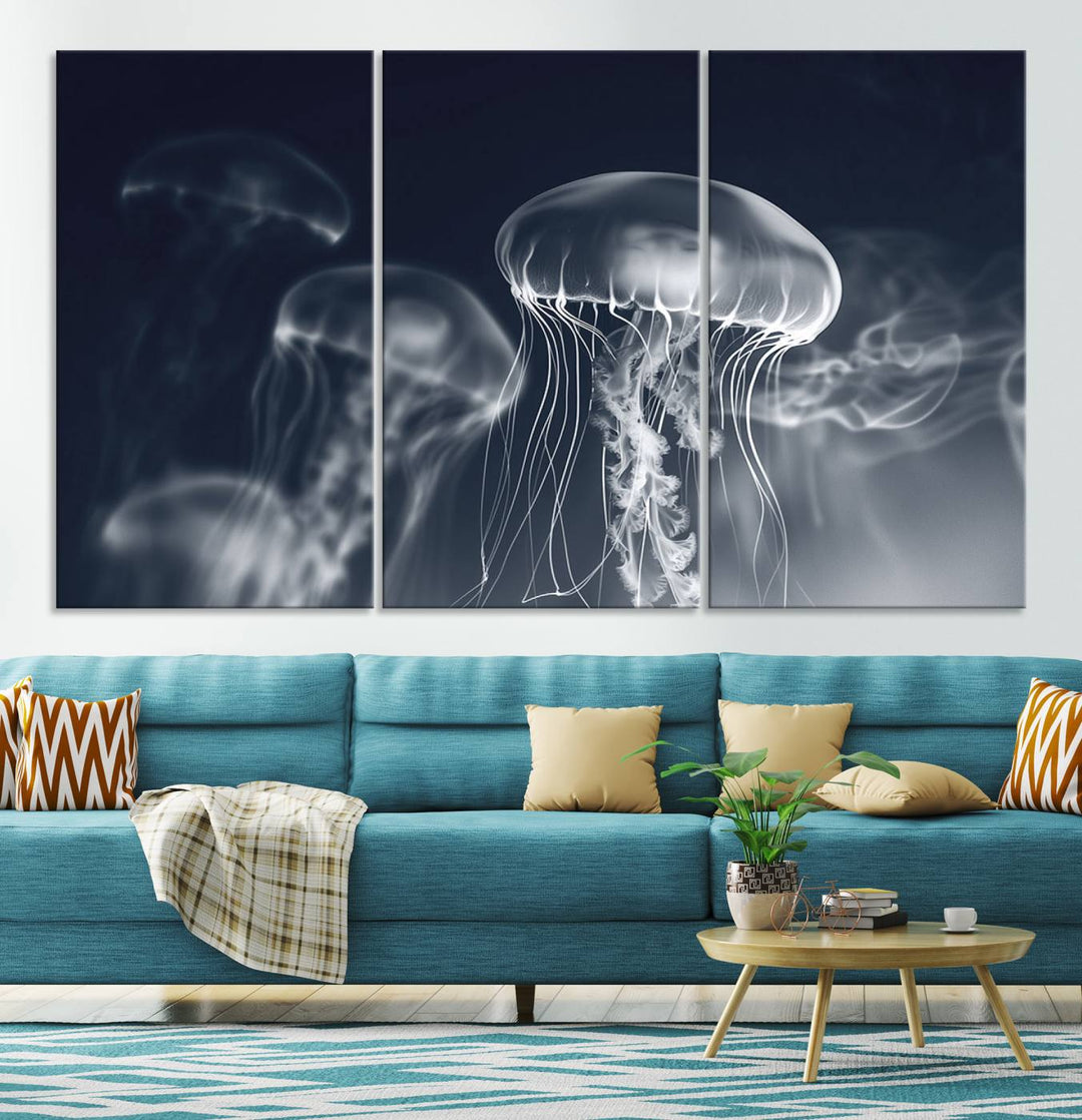 A stunning Jellyfish Wall Art Canvas Print showcases museum-quality canvas through high-resolution printing.