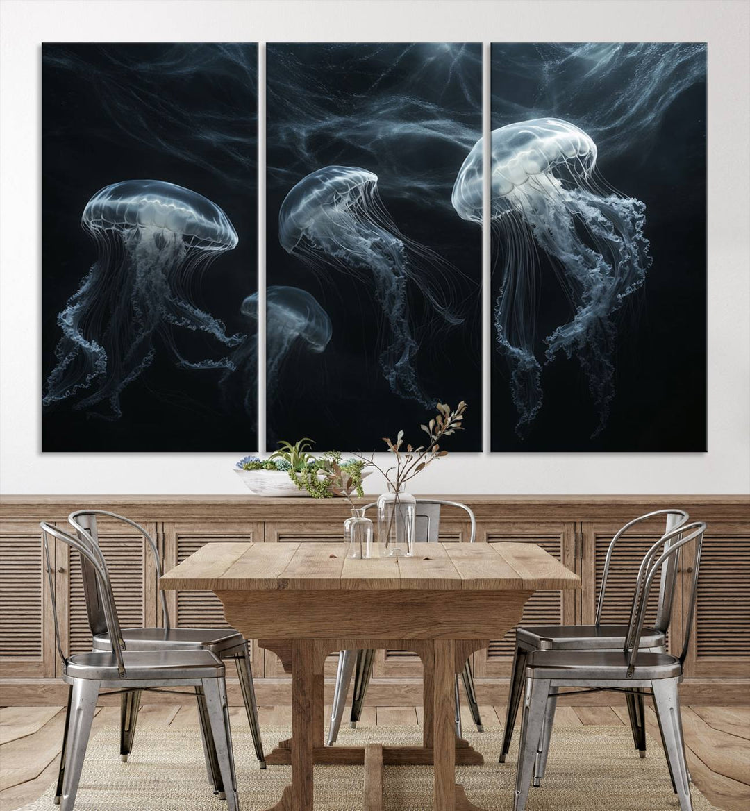 The Jellyfish Wall Art Canvas Print features glowing jellyfish in vibrant colors on museum-quality canvas.