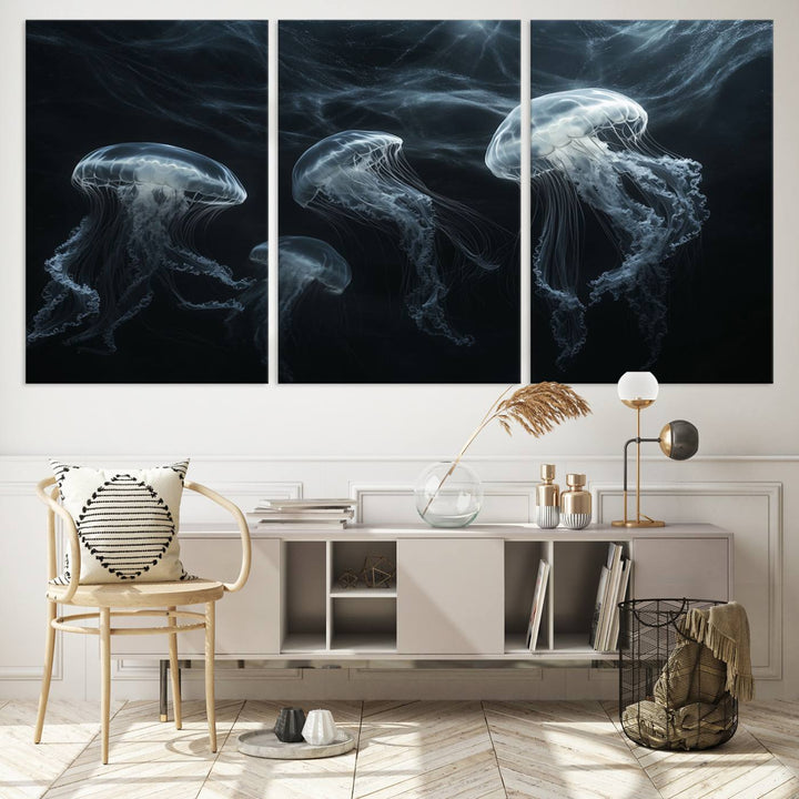 The Jellyfish Wall Art Canvas Print features glowing jellyfish in vibrant colors on museum-quality canvas.