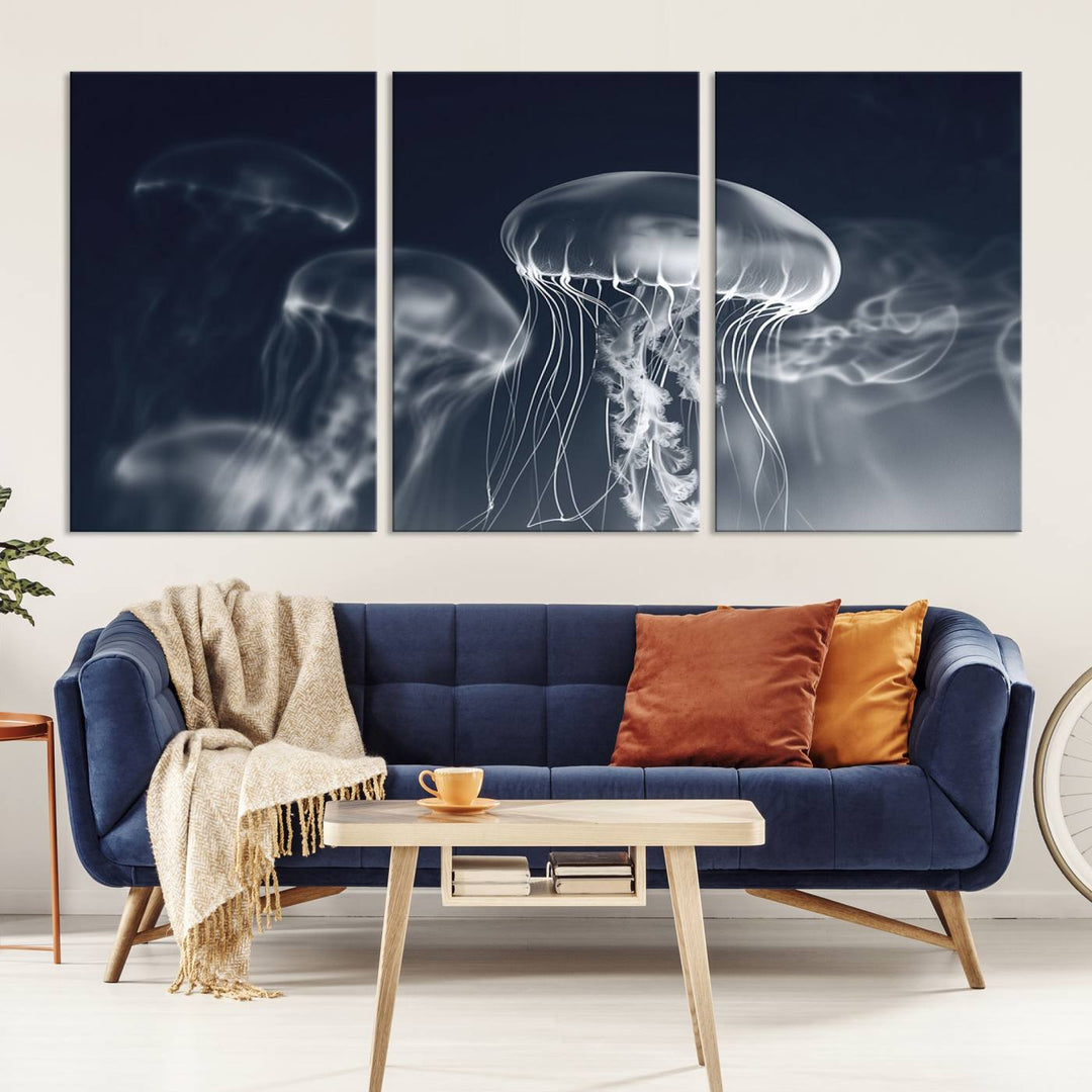 A stunning Jellyfish Wall Art Canvas Print showcases museum-quality canvas through high-resolution printing.