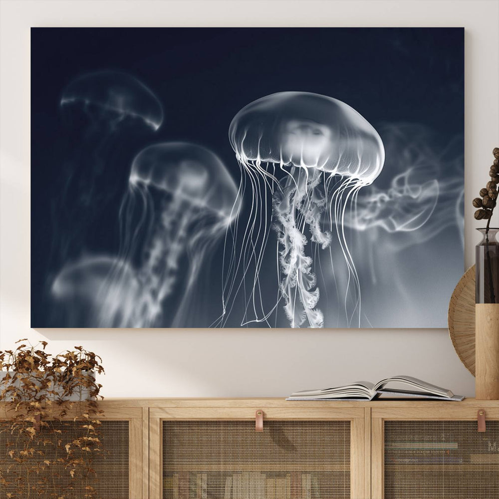 A stunning Jellyfish Wall Art Canvas Print showcases museum-quality canvas through high-resolution printing.