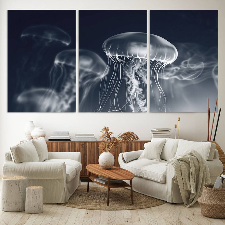 A stunning Jellyfish Wall Art Canvas Print showcases museum-quality canvas through high-resolution printing.