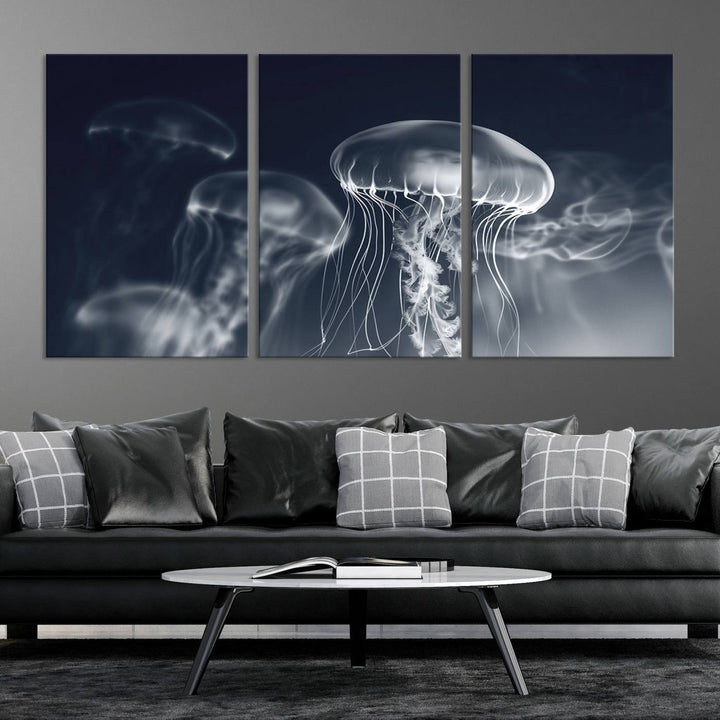 A stunning Jellyfish Wall Art Canvas Print showcases museum-quality canvas through high-resolution printing.