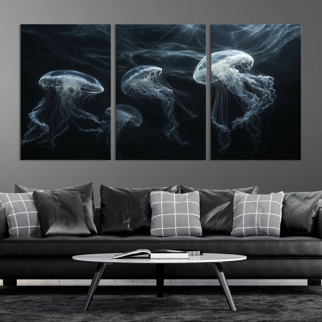 The Jellyfish Wall Art Canvas Print features glowing jellyfish in vibrant colors on museum-quality canvas.