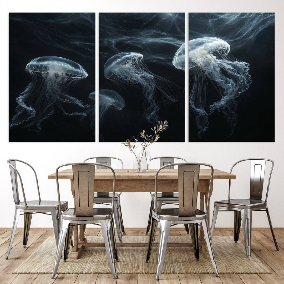 The Jellyfish Wall Art Canvas Print features glowing jellyfish in vibrant colors on museum-quality canvas.