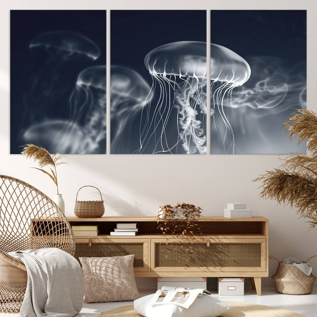 A stunning Jellyfish Wall Art Canvas Print showcases museum-quality canvas through high-resolution printing.