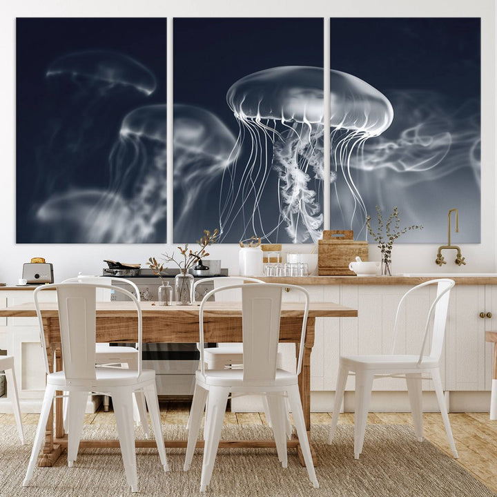 A stunning Jellyfish Wall Art Canvas Print showcases museum-quality canvas through high-resolution printing.