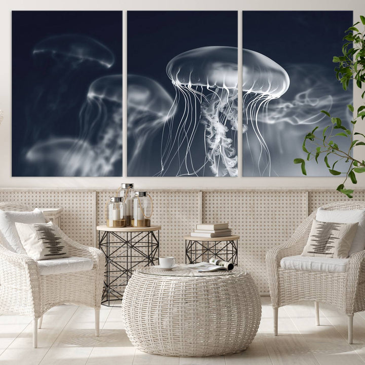 A stunning Jellyfish Wall Art Canvas Print showcases museum-quality canvas through high-resolution printing.