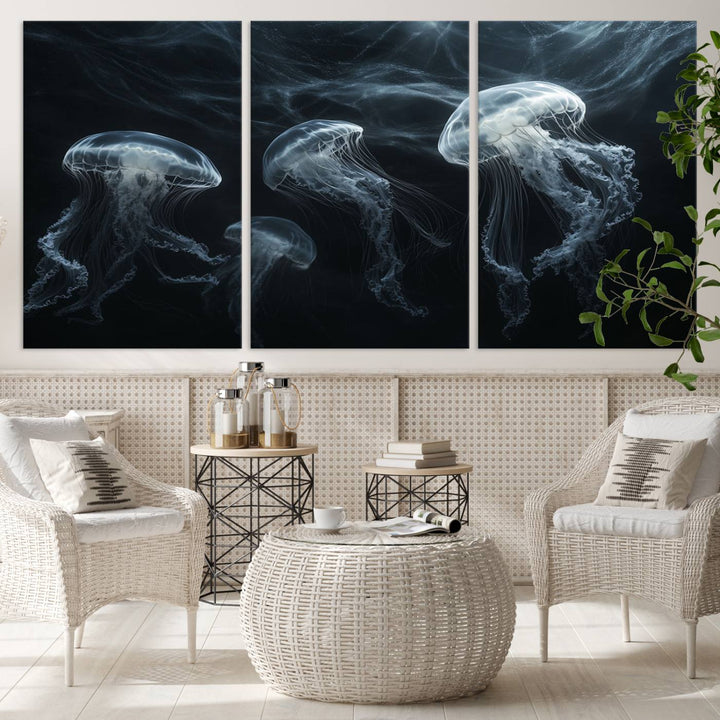 The Jellyfish Wall Art Canvas Print features glowing jellyfish in vibrant colors on museum-quality canvas.