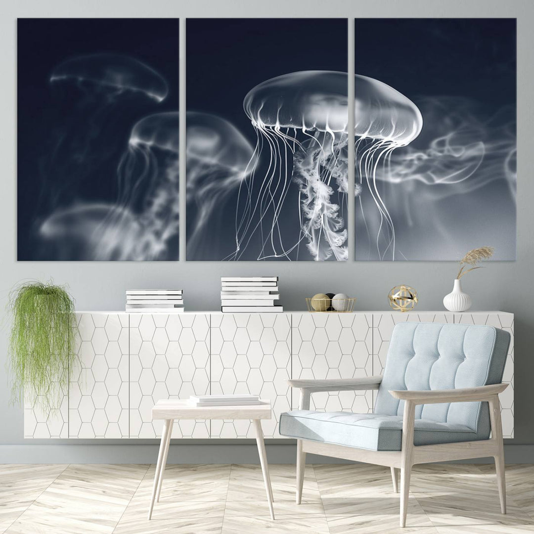 A stunning Jellyfish Wall Art Canvas Print showcases museum-quality canvas through high-resolution printing.