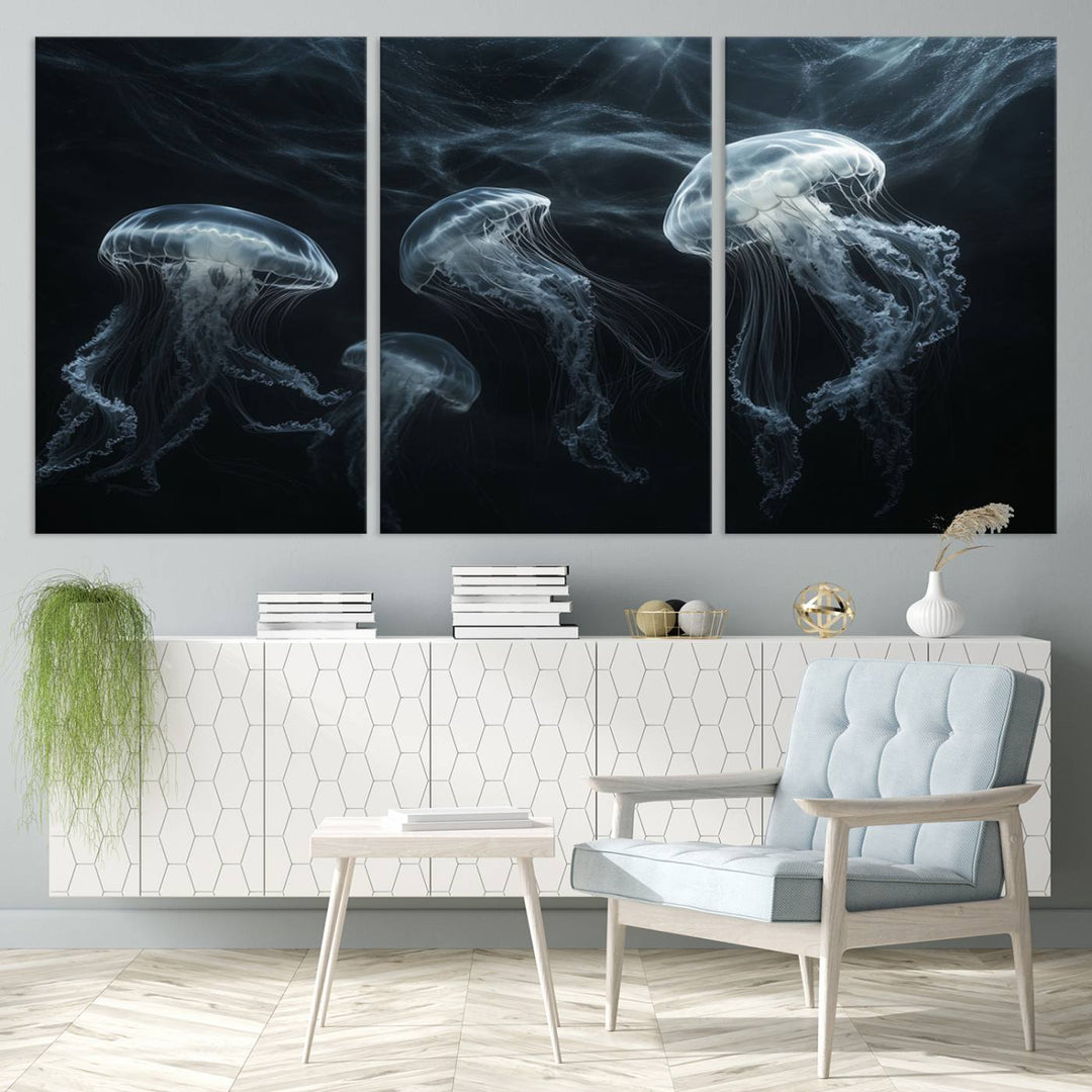 The Jellyfish Wall Art Canvas Print features glowing jellyfish in vibrant colors on museum-quality canvas.