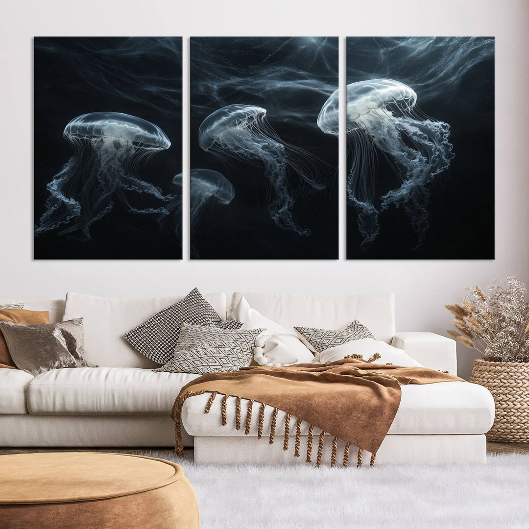 The Jellyfish Wall Art Canvas Print features glowing jellyfish in vibrant colors on museum-quality canvas.