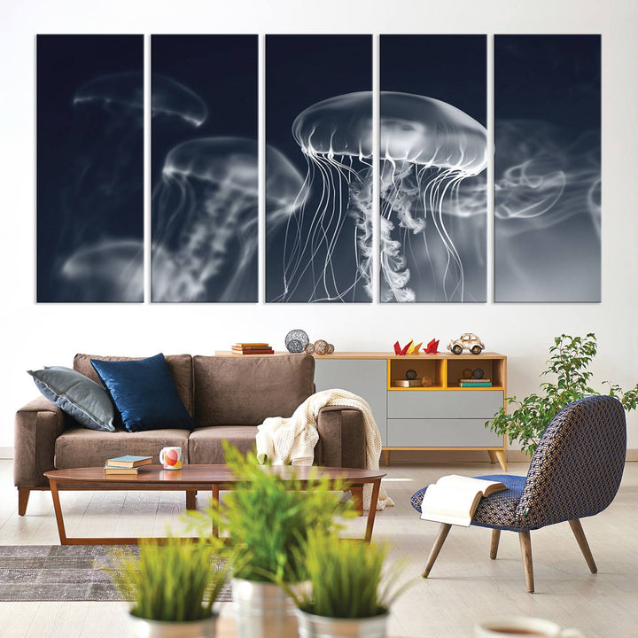 A stunning Jellyfish Wall Art Canvas Print showcases museum-quality canvas through high-resolution printing.