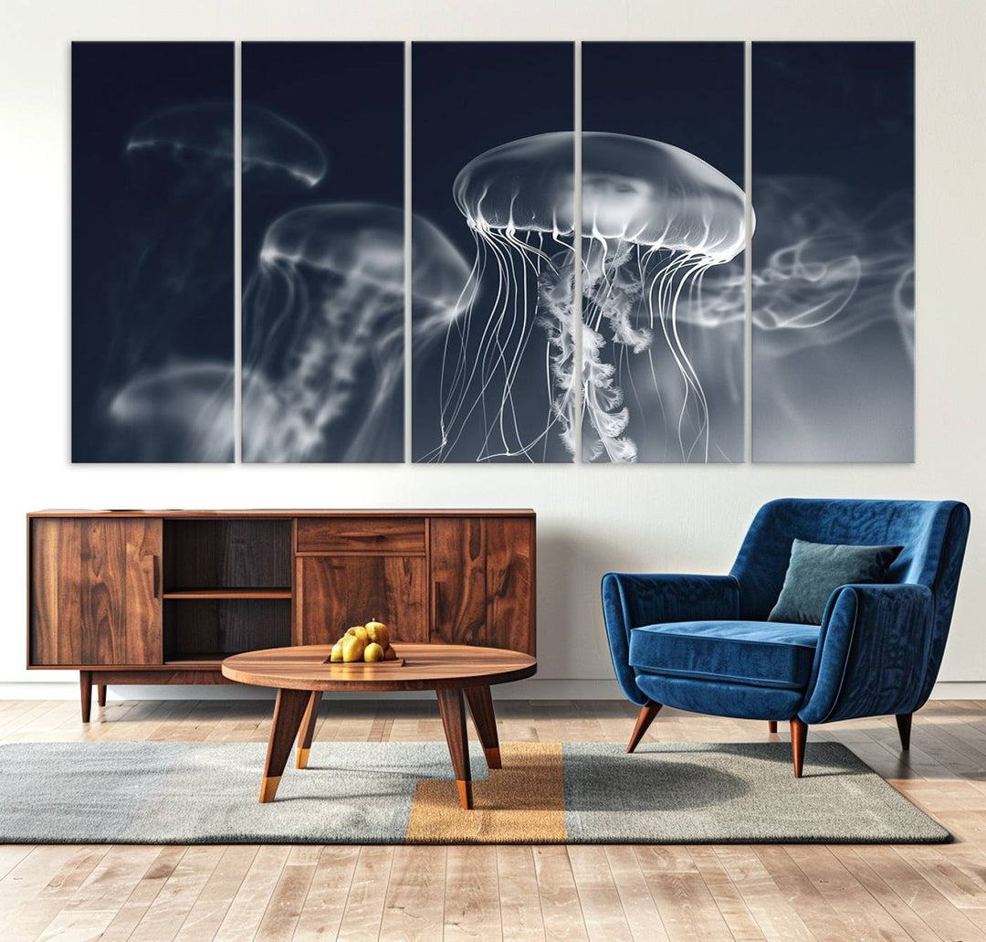 A stunning Jellyfish Wall Art Canvas Print showcases museum-quality canvas through high-resolution printing.