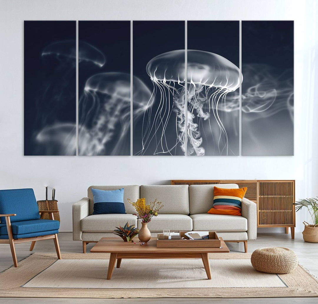 A stunning Jellyfish Wall Art Canvas Print showcases museum-quality canvas through high-resolution printing.