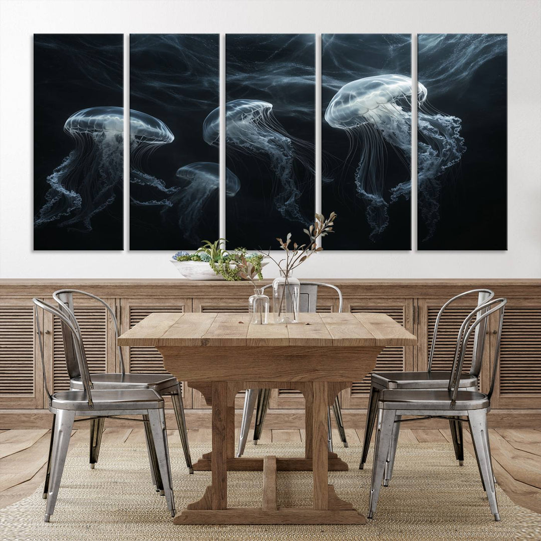 The Jellyfish Wall Art Canvas Print features glowing jellyfish in vibrant colors on museum-quality canvas.