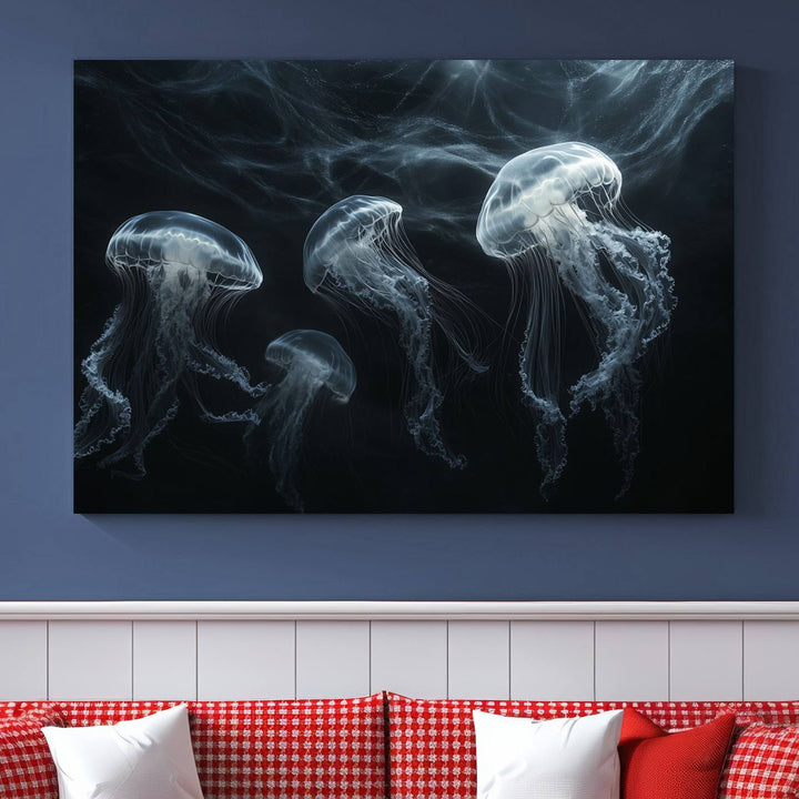 The Jellyfish Wall Art Canvas Print features glowing jellyfish in vibrant colors on museum-quality canvas.