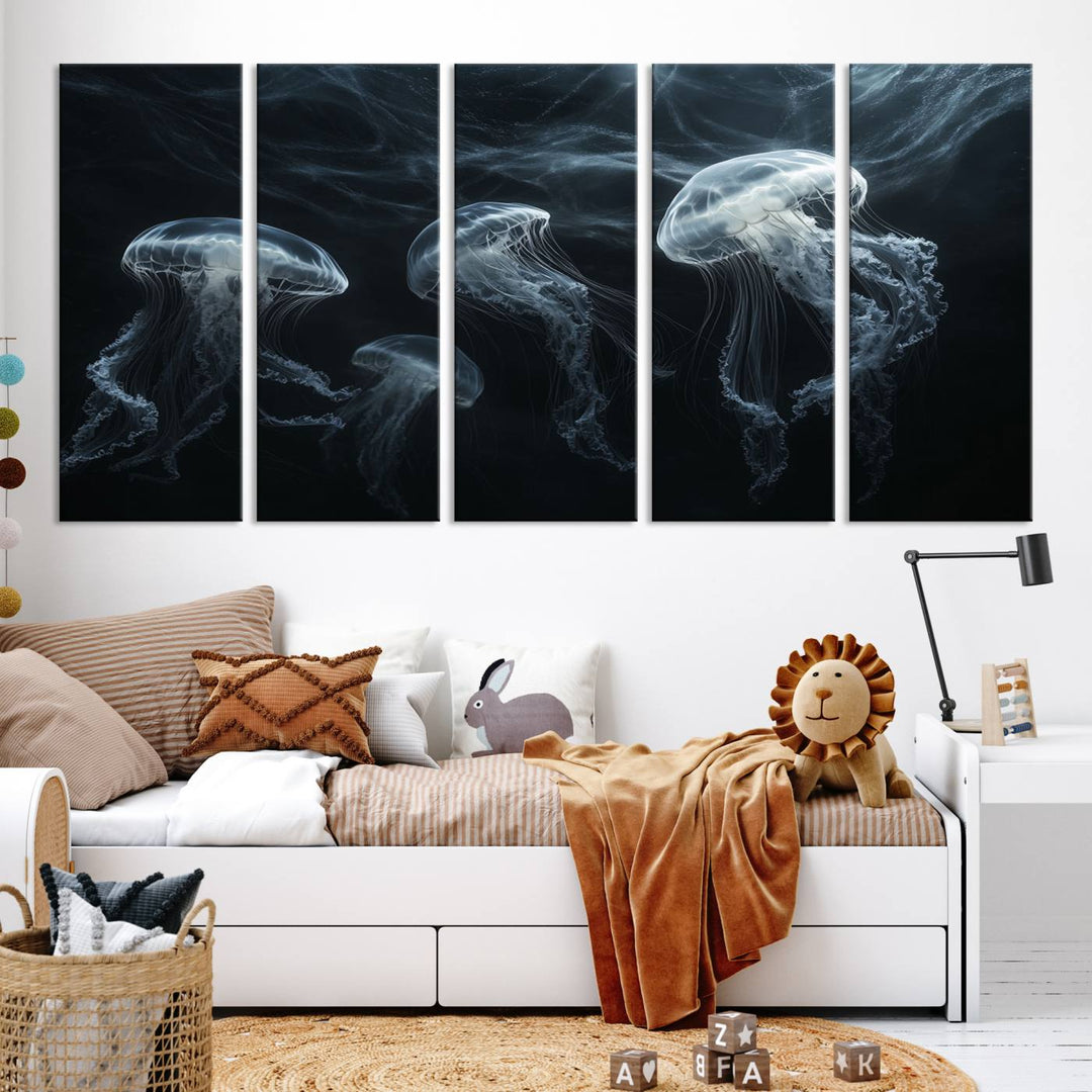 The Jellyfish Wall Art Canvas Print features glowing jellyfish in vibrant colors on museum-quality canvas.