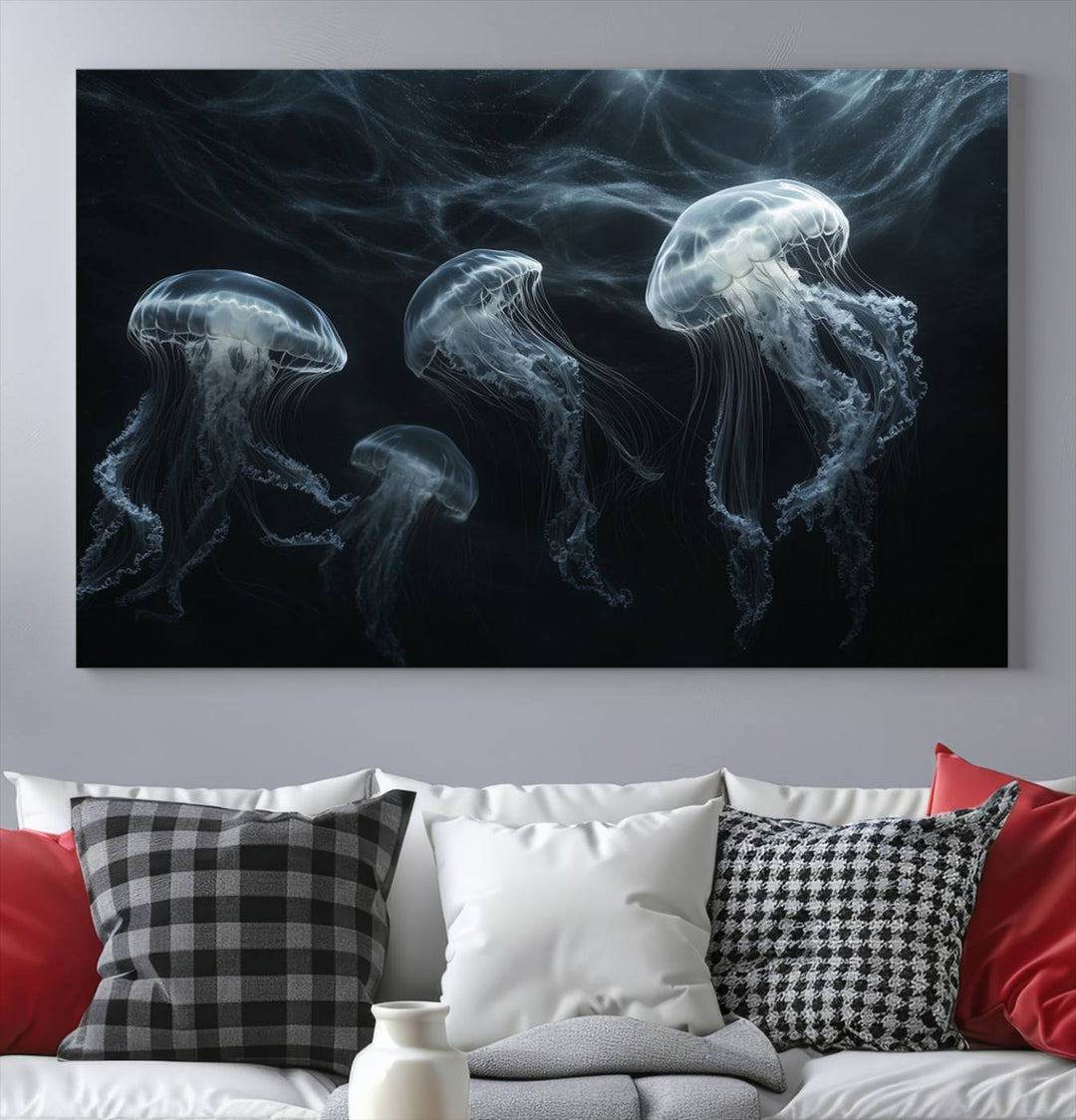 The Jellyfish Wall Art Canvas Print features glowing jellyfish in vibrant colors on museum-quality canvas.