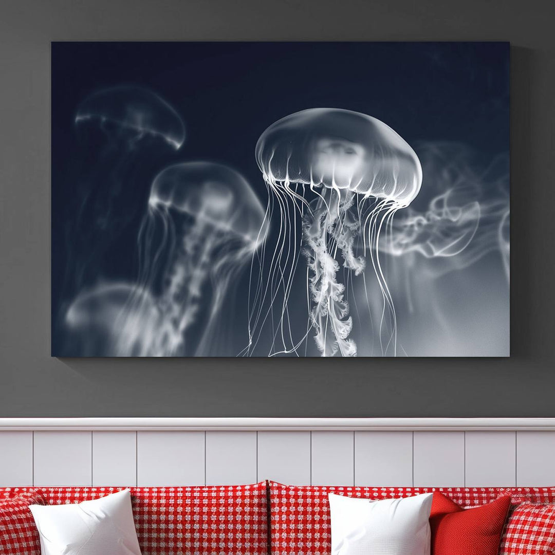 A stunning Jellyfish Wall Art Canvas Print showcases museum-quality canvas through high-resolution printing.