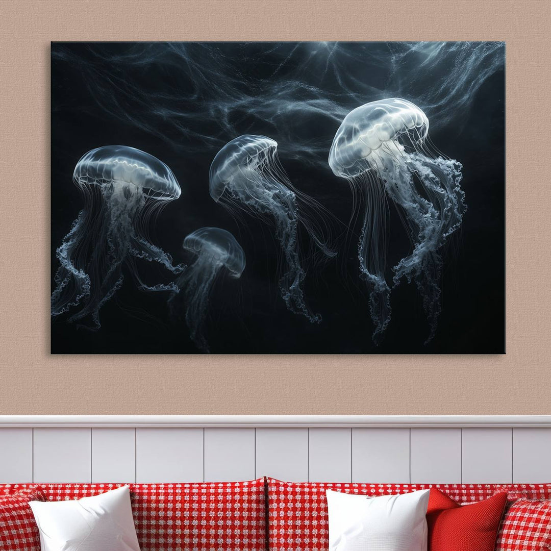 The Jellyfish Wall Art Canvas Print features glowing jellyfish in vibrant colors on museum-quality canvas.