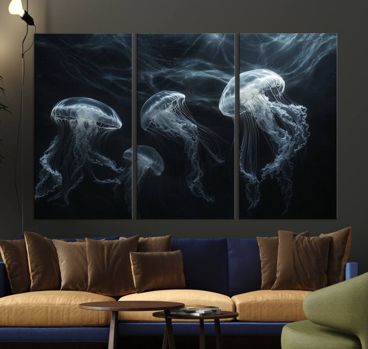 The Jellyfish Wall Art Canvas Print features glowing jellyfish in vibrant colors on museum-quality canvas.