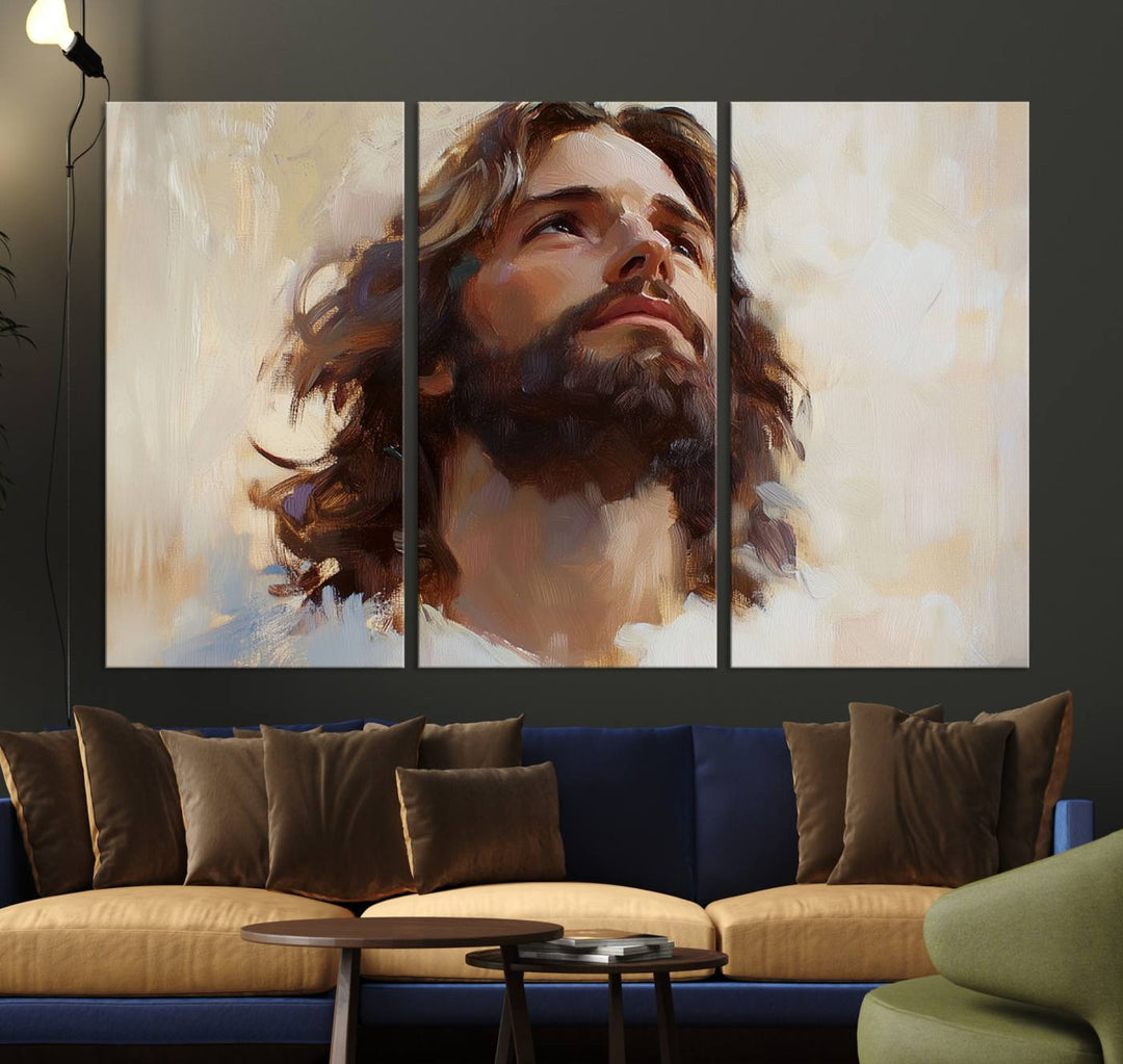 The "Jesus Christ Portrait Wall Art," a ready-to-hang and framed canvas print, features a bearded man with long hair looking upward, creating an inspirational spiritual atmosphere.