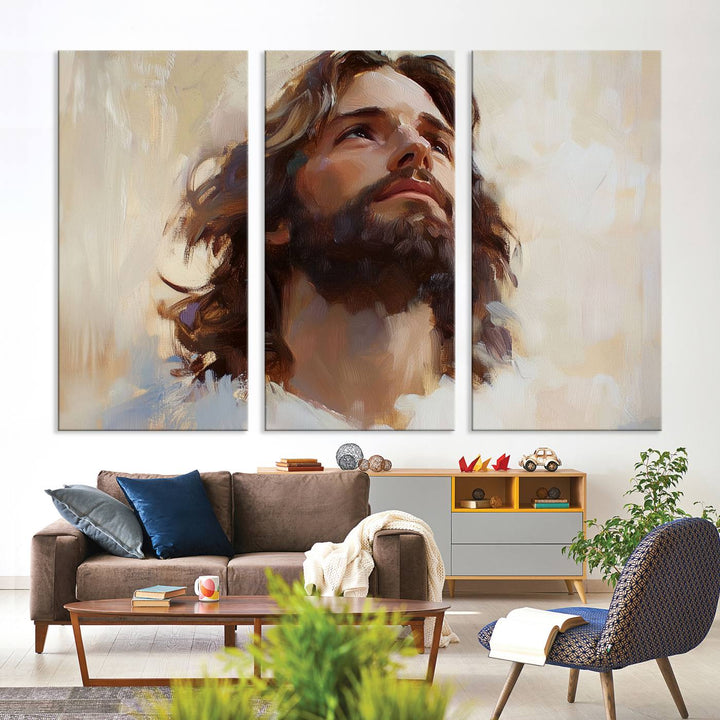 The "Jesus Christ Portrait Wall Art," a ready-to-hang and framed canvas print, features a bearded man with long hair looking upward, creating an inspirational spiritual atmosphere.