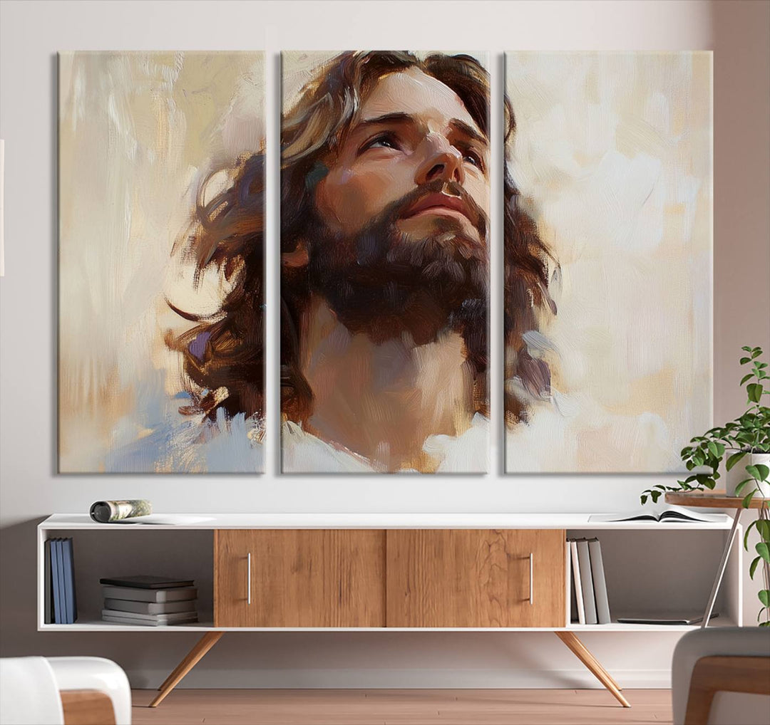 The "Jesus Christ Portrait Wall Art," a ready-to-hang and framed canvas print, features a bearded man with long hair looking upward, creating an inspirational spiritual atmosphere.