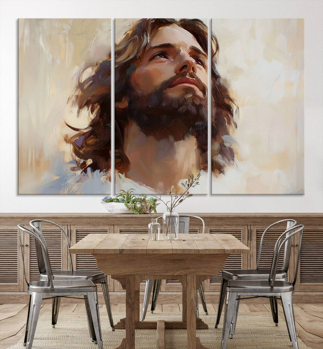 The "Jesus Christ Portrait Wall Art," a ready-to-hang and framed canvas print, features a bearded man with long hair looking upward, creating an inspirational spiritual atmosphere.