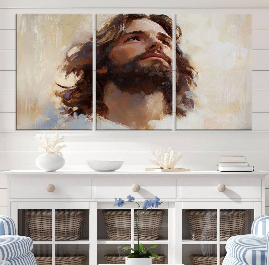 The "Jesus Christ Portrait Wall Art," a ready-to-hang and framed canvas print, features a bearded man with long hair looking upward, creating an inspirational spiritual atmosphere.