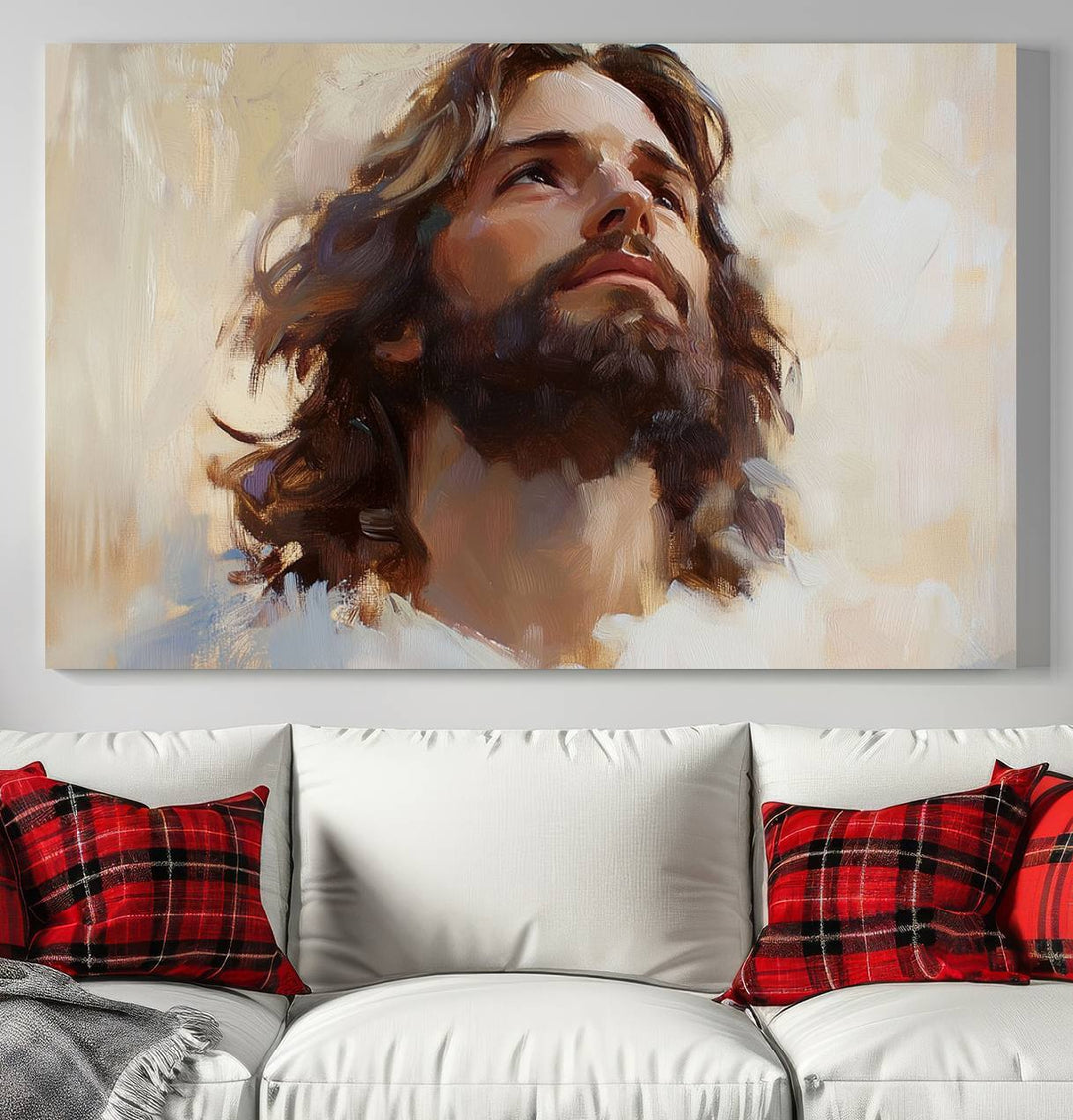 The "Jesus Christ Portrait Wall Art," a ready-to-hang and framed canvas print, features a bearded man with long hair looking upward, creating an inspirational spiritual atmosphere.