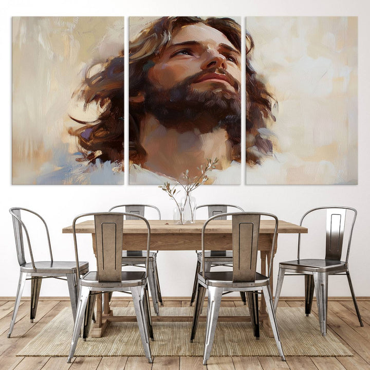 The "Jesus Christ Portrait Wall Art," a ready-to-hang and framed canvas print, features a bearded man with long hair looking upward, creating an inspirational spiritual atmosphere.