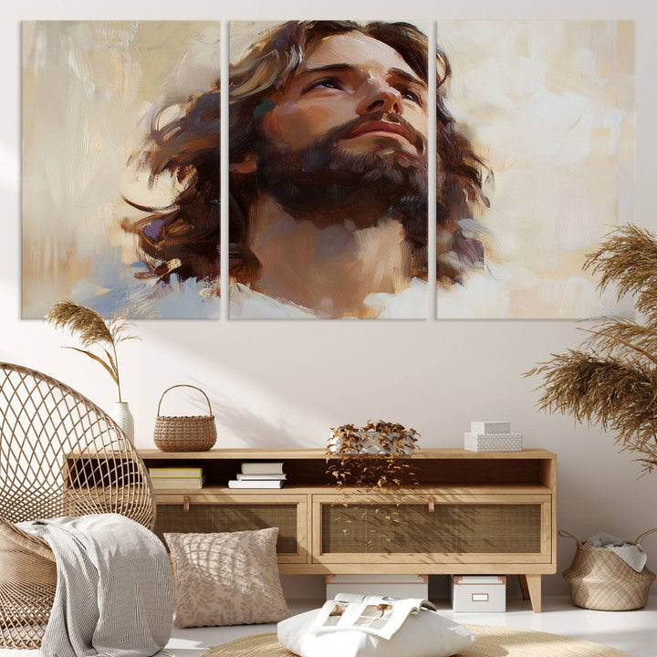 The "Jesus Christ Portrait Wall Art," a ready-to-hang and framed canvas print, features a bearded man with long hair looking upward, creating an inspirational spiritual atmosphere.