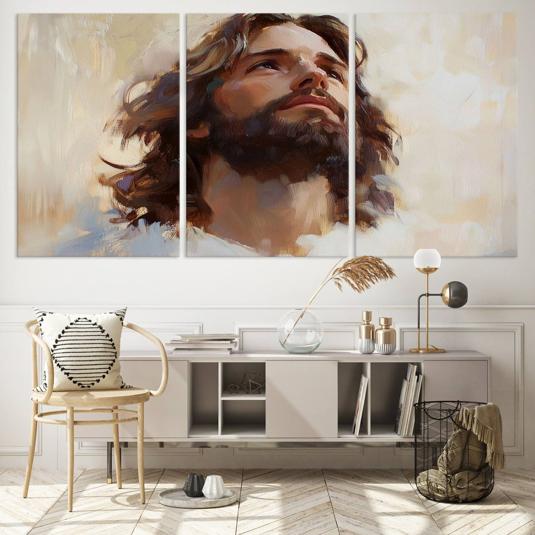 The "Jesus Christ Portrait Wall Art," a ready-to-hang and framed canvas print, features a bearded man with long hair looking upward, creating an inspirational spiritual atmosphere.