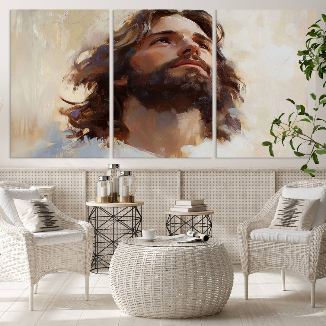 The "Jesus Christ Portrait Wall Art," a ready-to-hang and framed canvas print, features a bearded man with long hair looking upward, creating an inspirational spiritual atmosphere.