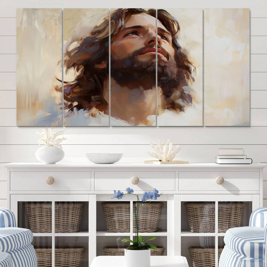 The "Jesus Christ Portrait Wall Art," a ready-to-hang and framed canvas print, features a bearded man with long hair looking upward, creating an inspirational spiritual atmosphere.